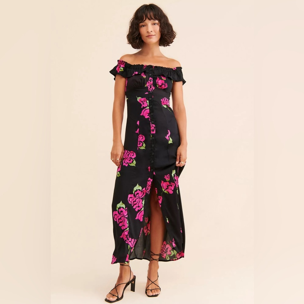 Free People Black and Pink Floral Midi Dress